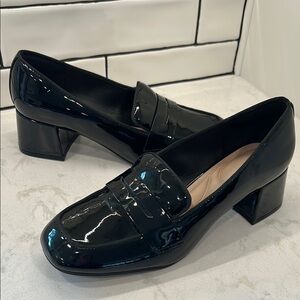 Kelly & Katie Payln Loafer Black Glossy Platform Heel Slip On Academia Office